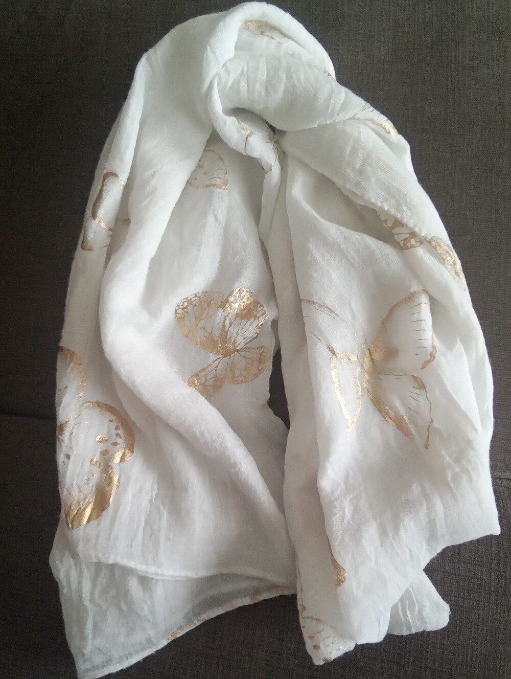 Gold Butterflies Long White Scarf